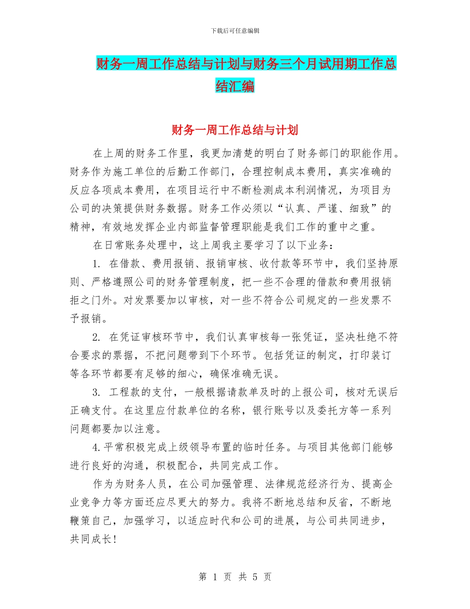 财务一周工作总结与计划与财务三个月试用期工作总结汇编_第1页