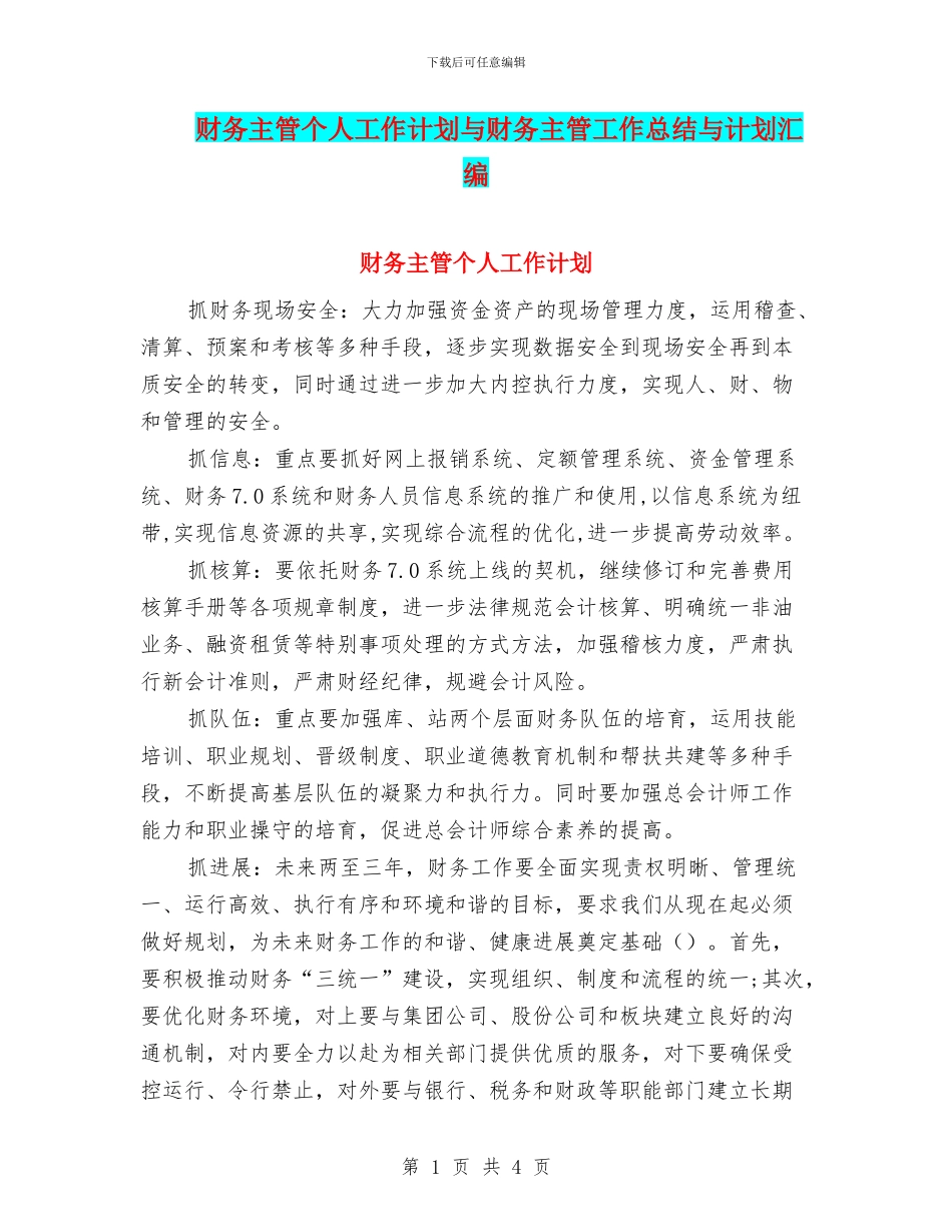 财务主管个人工作计划与财务主管工作总结与计划汇编_第1页