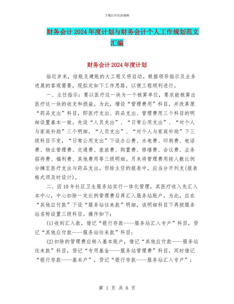 财务会计2024年度计划与财务会计个人工作规划范文汇编_第1页