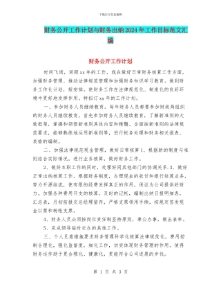 财务公开工作计划与财务出纳2024年工作目标范文汇编