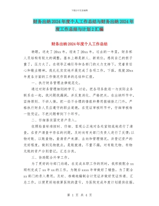 财务出纳2024年度个人工作总结与财务出纳2024年度工作总结与计划2汇编