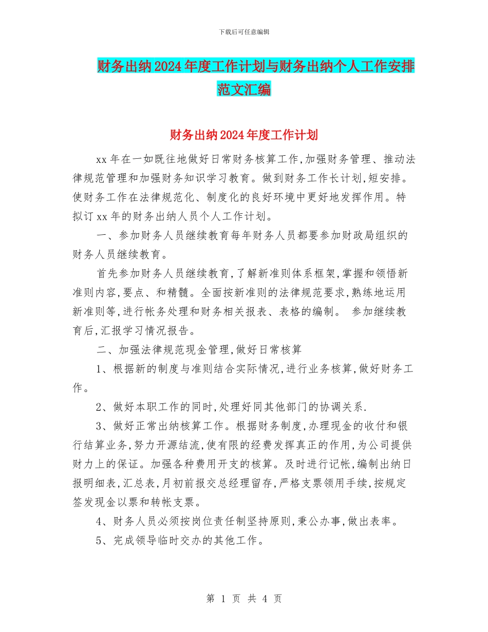 财务出纳2024年度工作计划与财务出纳个人工作安排范文汇编_第1页