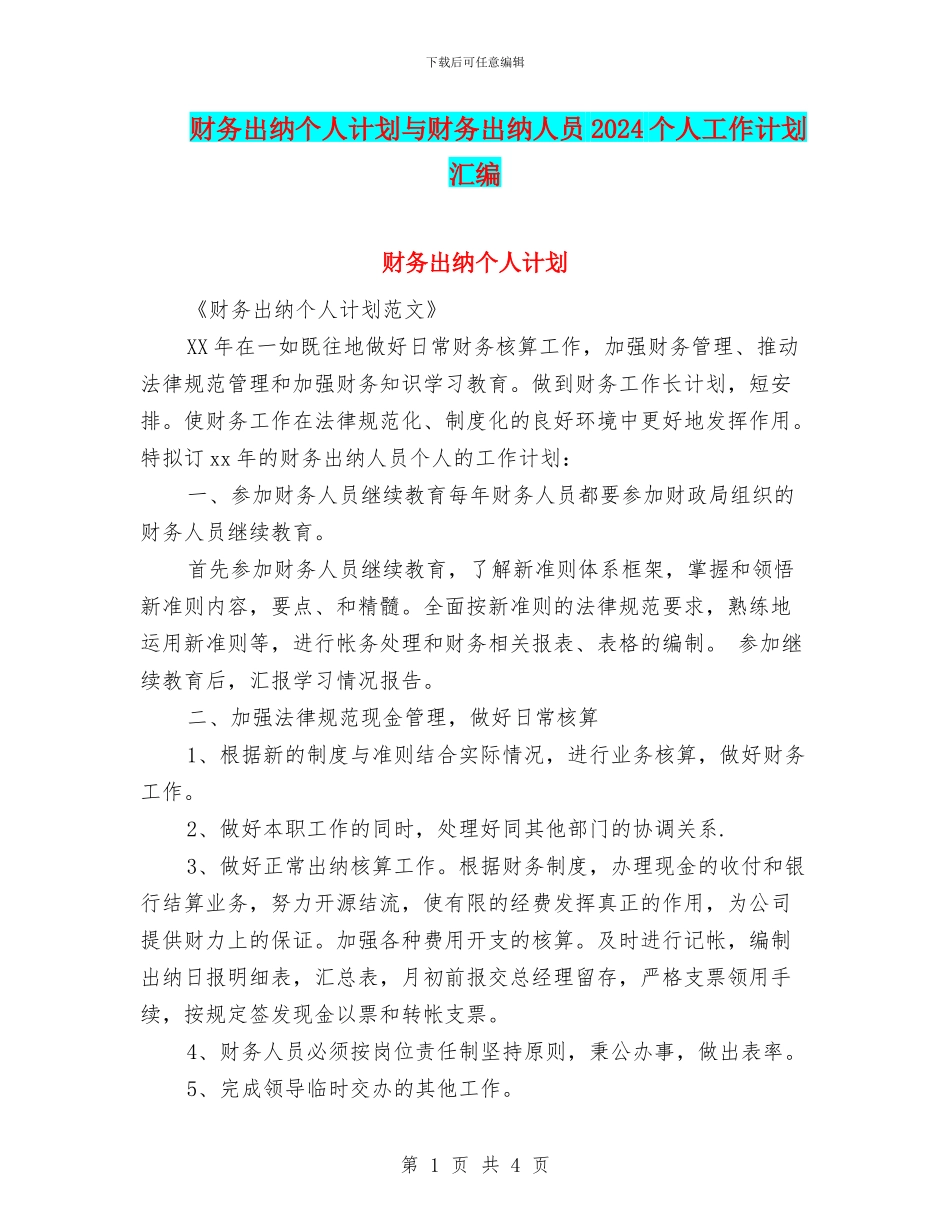 财务出纳个人计划与财务出纳人员2024个人工作计划汇编_第1页