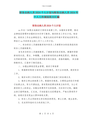 财务出纳人员2024个人计划与财务出纳人员2024年个人工作规划范文汇编