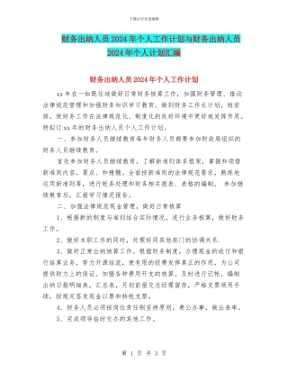 财务出纳人员2024年个人工作计划与财务出纳人员2024年个人计划汇编