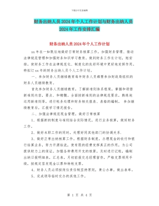 财务出纳人员2024年个人工作计划与财务出纳人员2024年工作安排汇编