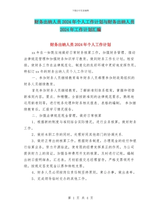 财务出纳人员2024年个人工作计划与财务出纳人员2024年工作计划汇编