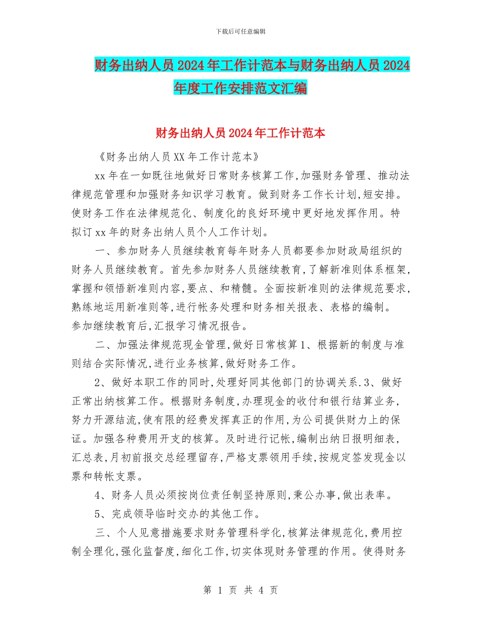 财务出纳人员2024年工作计范本与财务出纳人员2024年度工作安排范文汇编_第1页