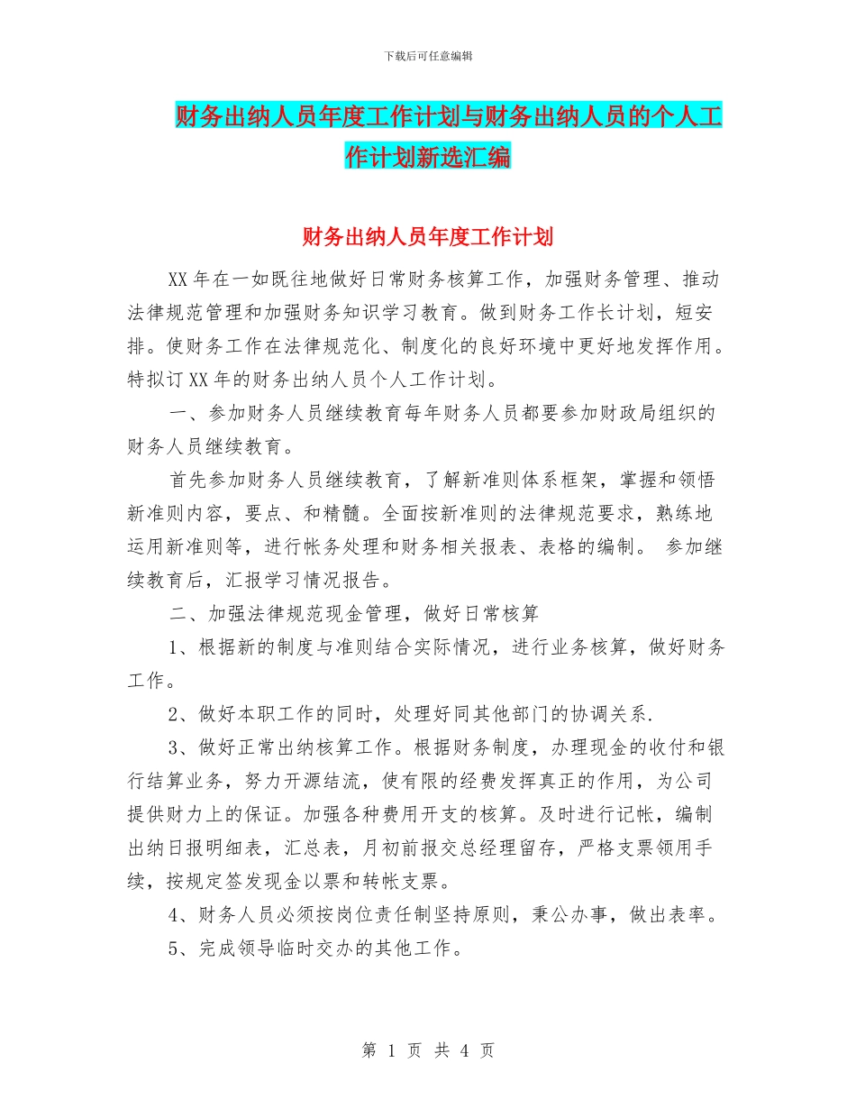 财务出纳人员年度工作计划与财务出纳人员的个人工作计划新选汇编_第1页
