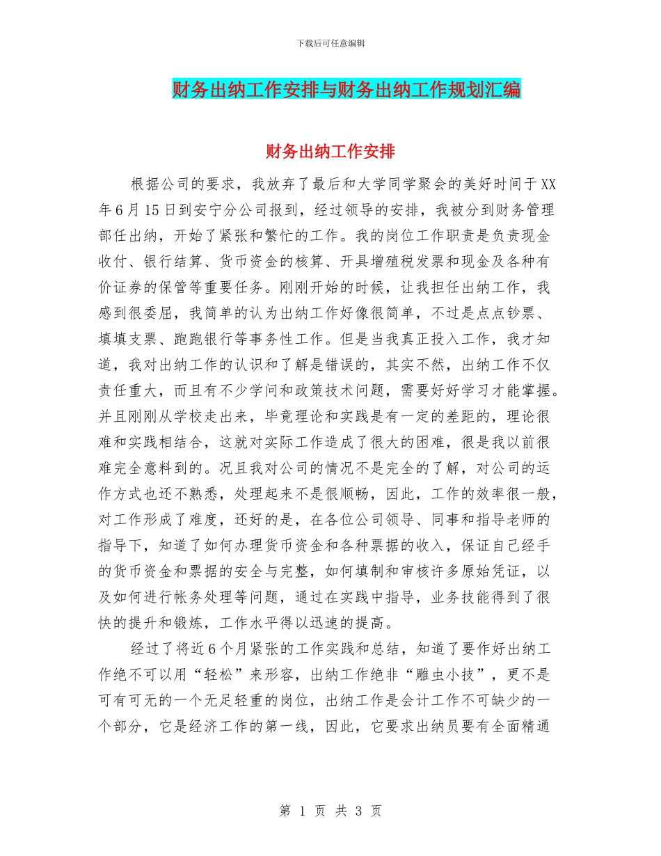 财务出纳工作安排与财务出纳工作规划汇编_第1页