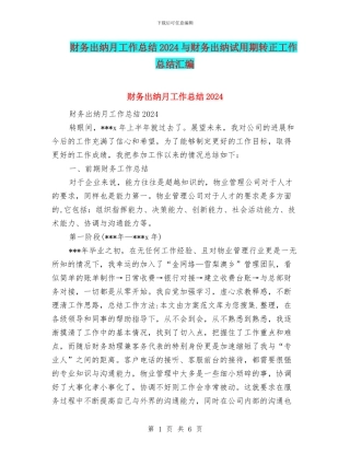 财务出纳月工作总结2024与财务出纳试用期转正工作总结汇编