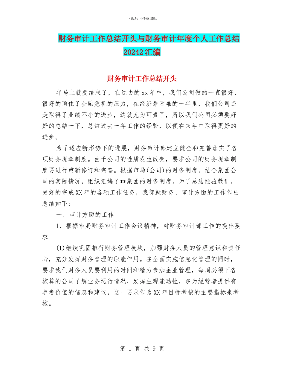 财务审计工作总结开头与财务审计年度个人工作总结20242汇编_第1页