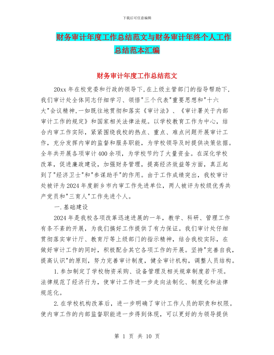 财务审计年度工作总结范文与财务审计年终个人工作总结范本汇编_第1页