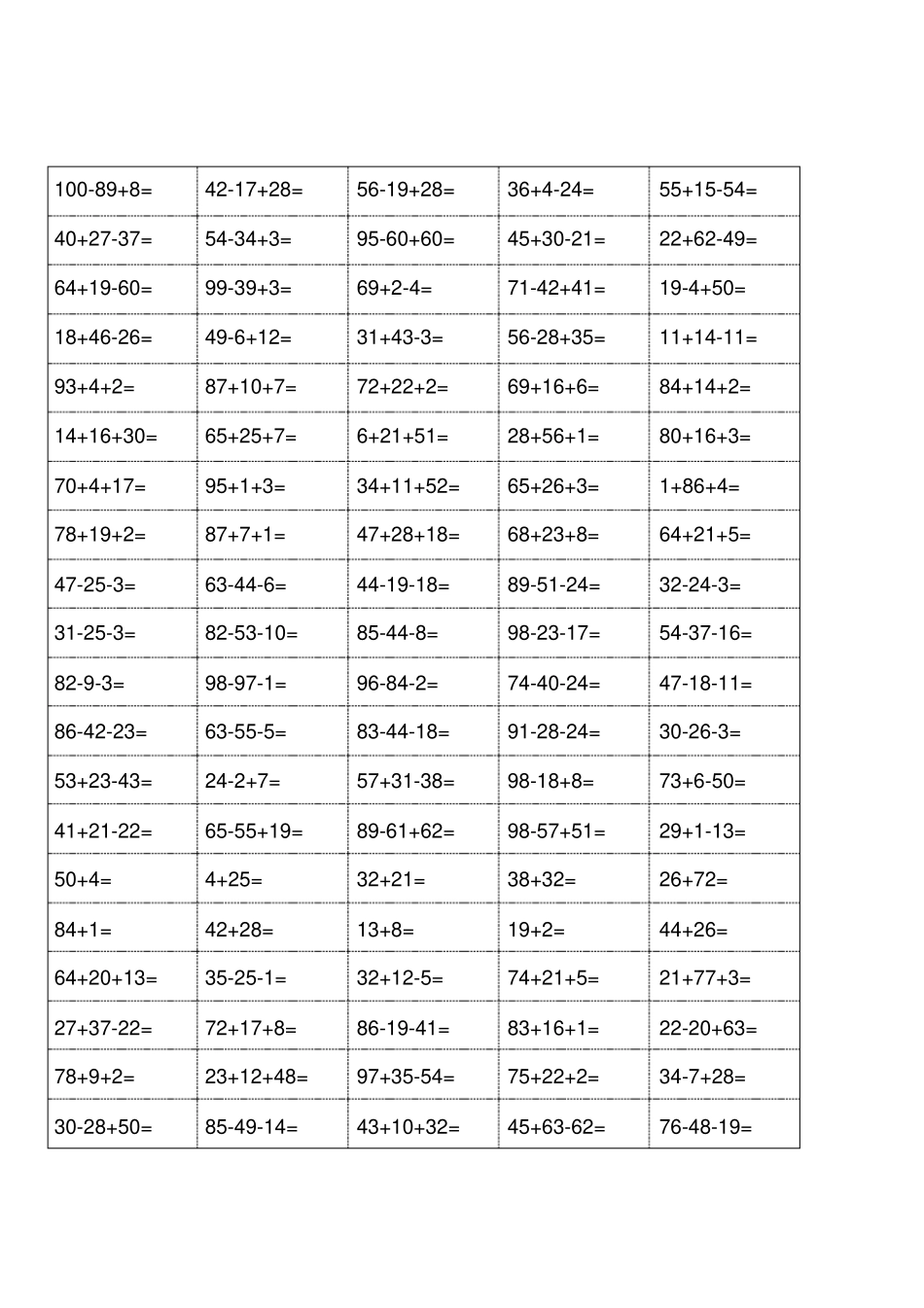 小学五年级100以内加减混合运算口算题_第1页
