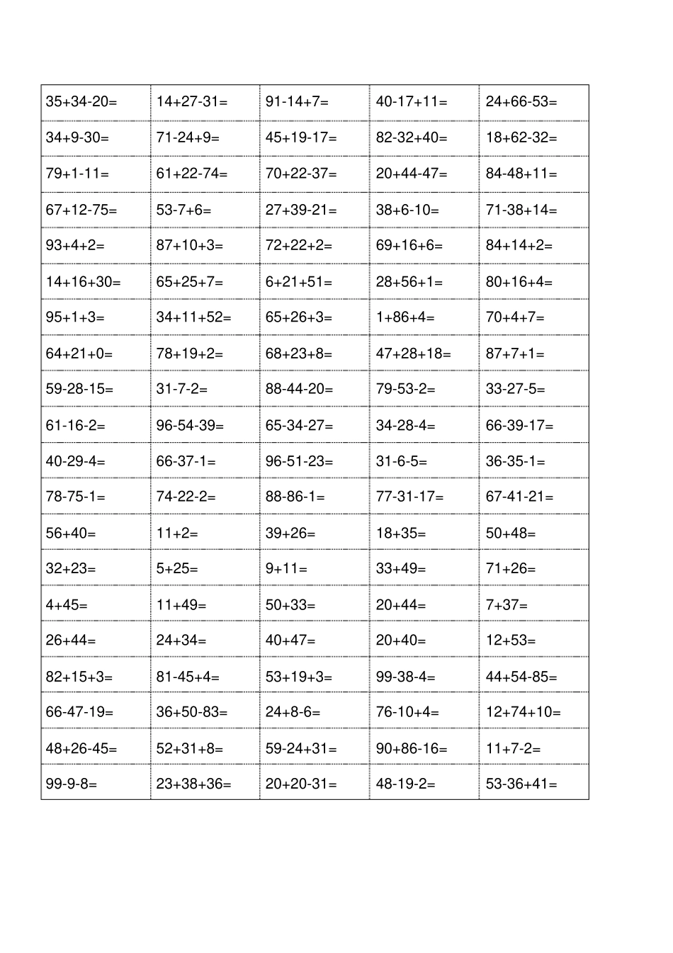 小学五年级100以内加减混合运算口算题_第3页
