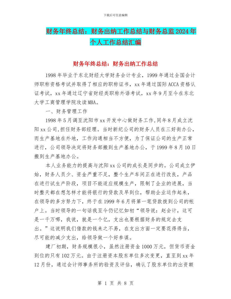 财务年终总结：财务出纳工作总结与财务总监2024年个人工作总结汇编_第1页