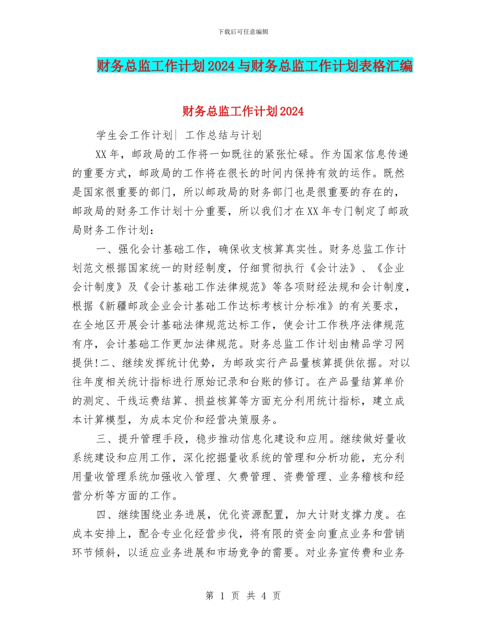 财务总监工作计划2024与财务总监工作计划表格汇编_第1页