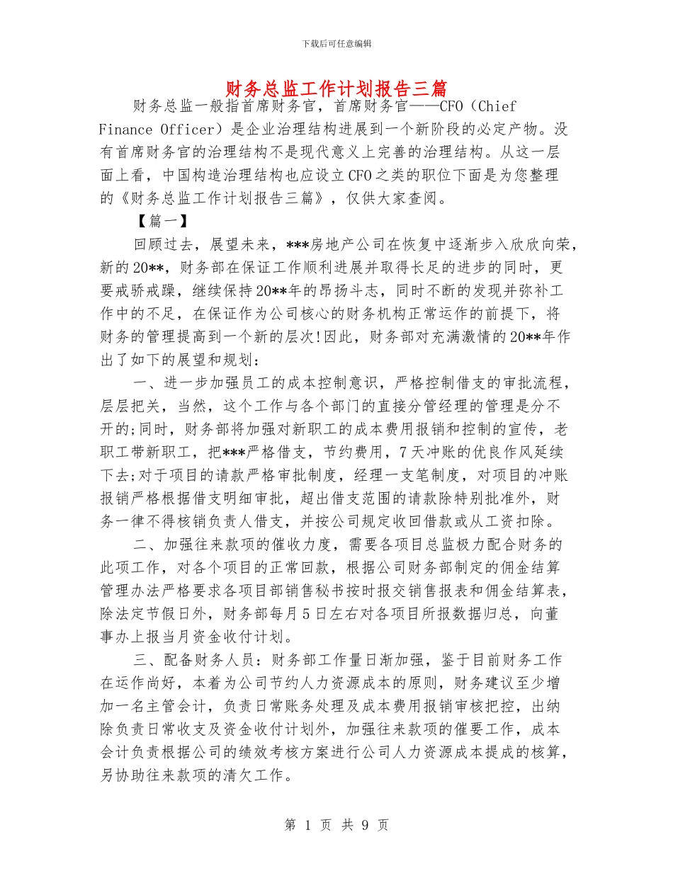 财务总监工作计划报告三篇_第1页