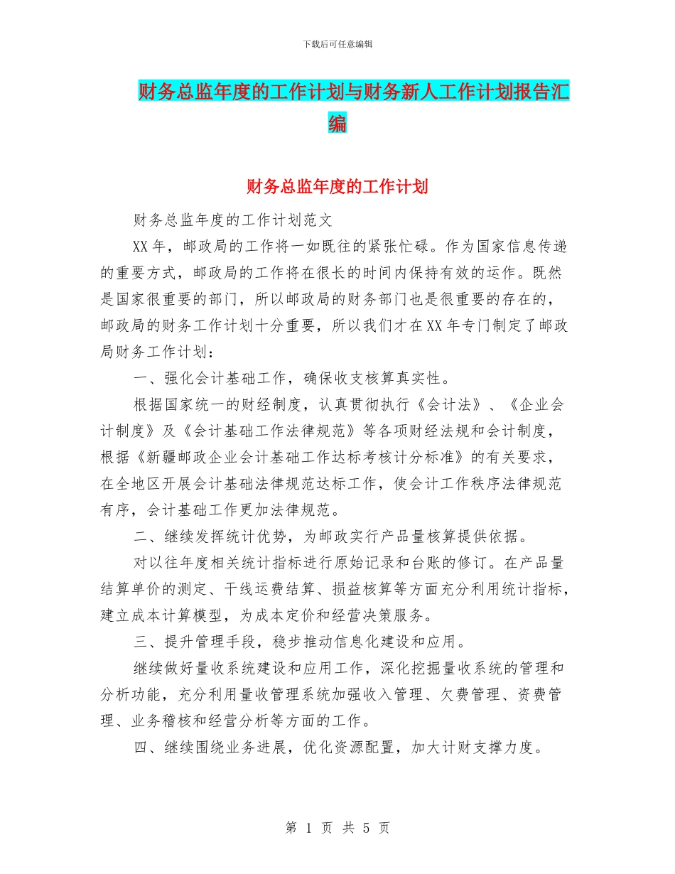财务总监年度的工作计划与财务新人工作计划报告汇编_第1页
