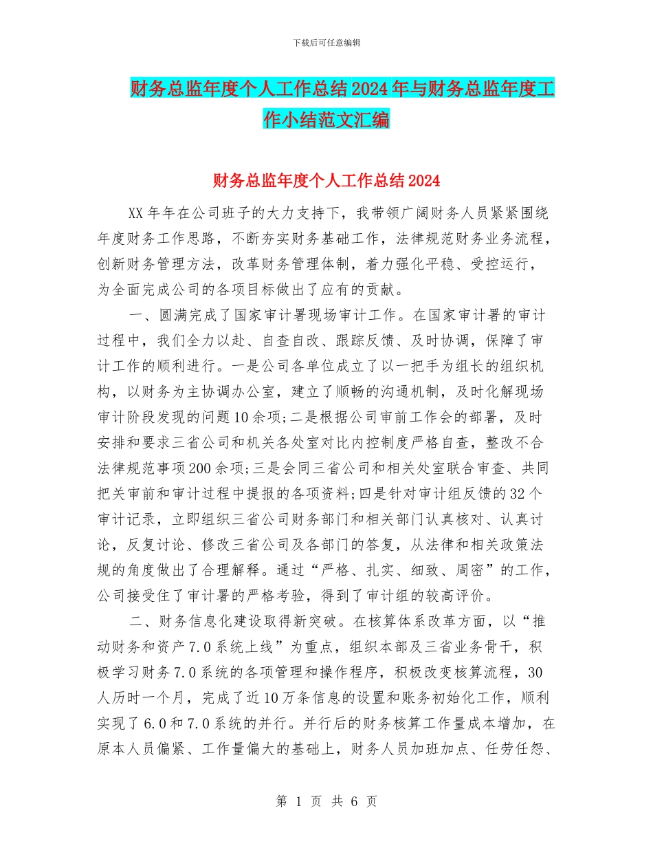 财务总监年度个人工作总结2024年与财务总监年度工作小结范文汇编_第1页