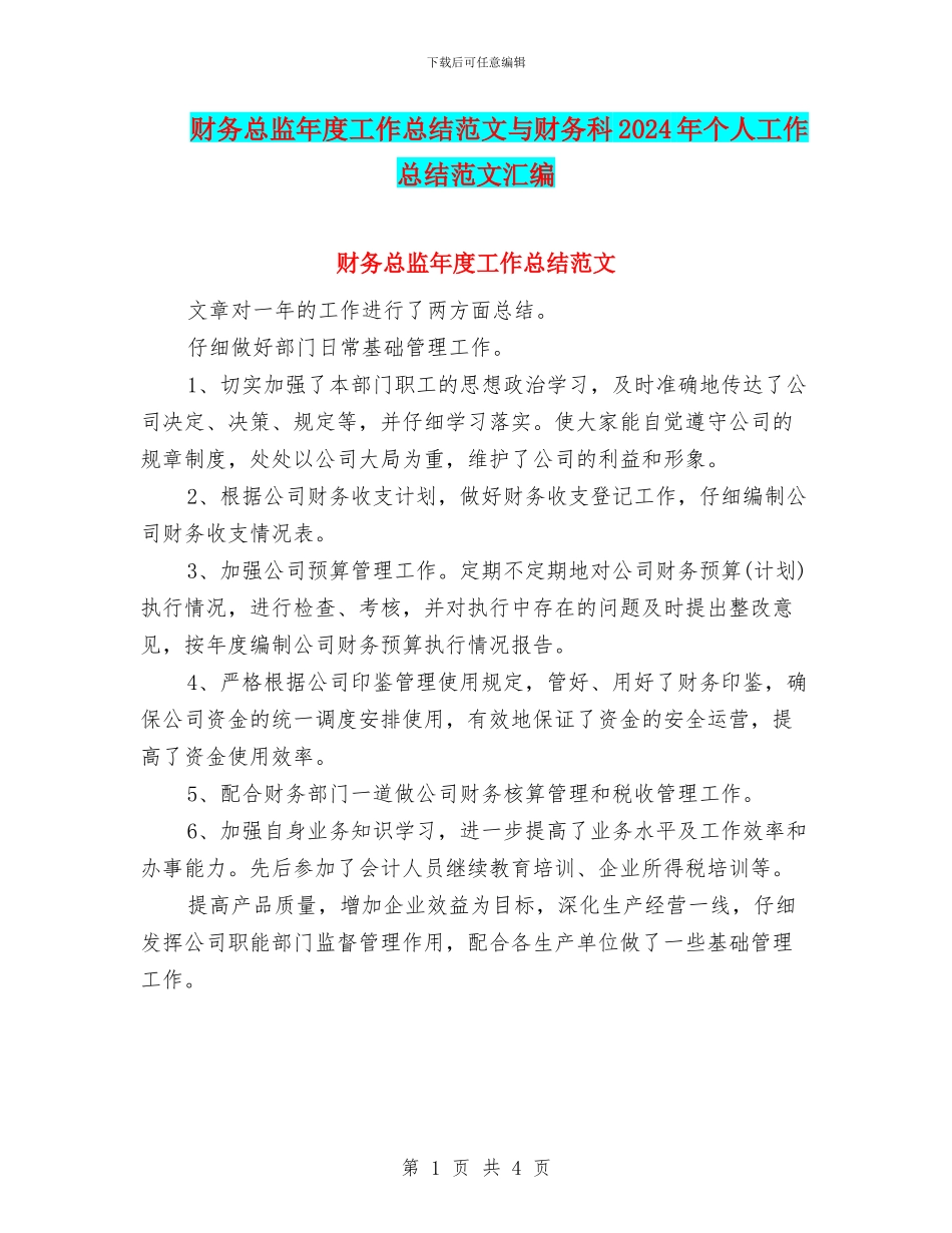 财务总监年度工作总结范文与财务科2024年个人工作总结范文汇编_第1页