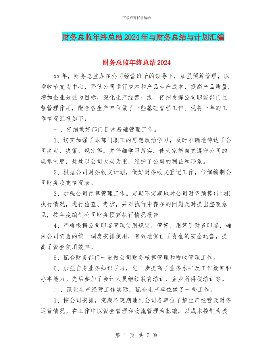 财务总监年终总结2024年与财务总结与计划汇编_第1页