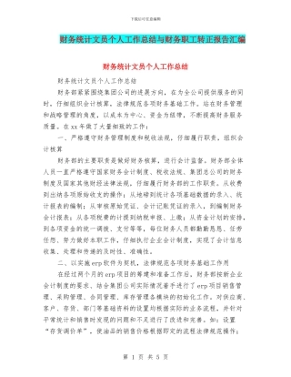 财务统计文员个人工作总结与财务职工转正报告汇编