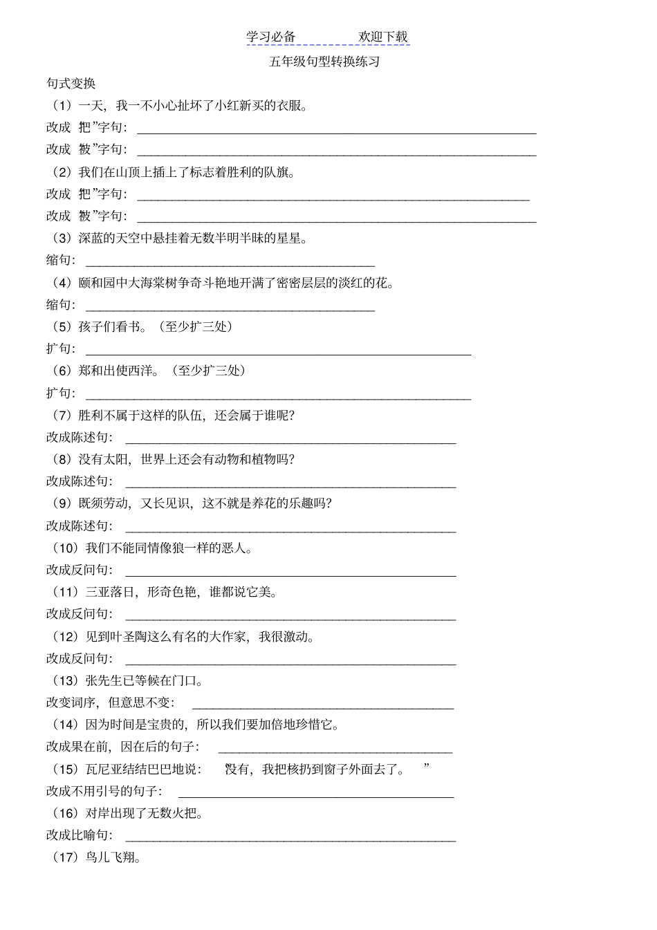 小学五年级语文句子专项练习及病句修改整理_第1页