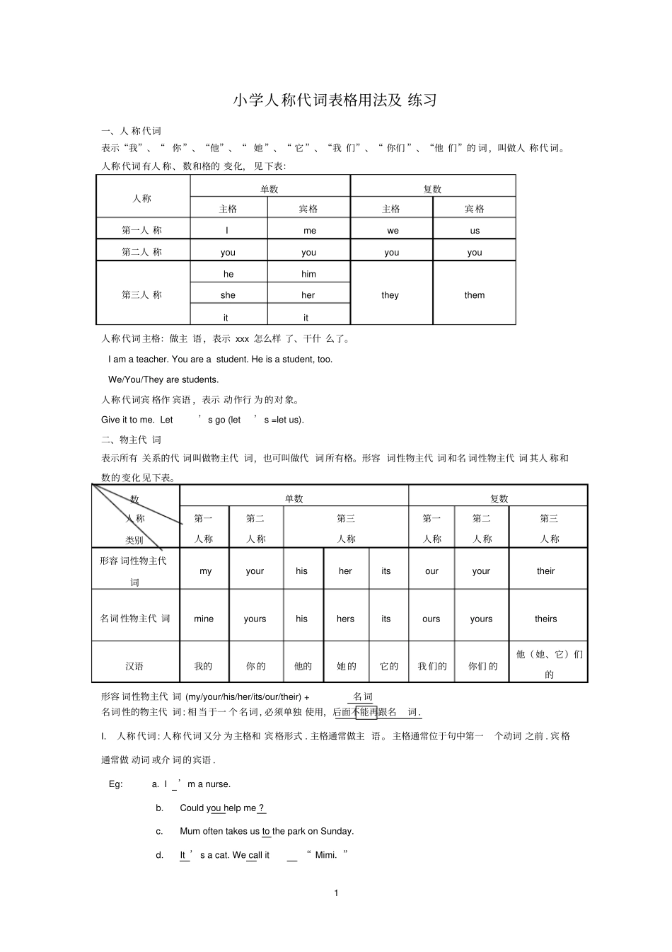 小学人称代词表格用法及练习_第1页