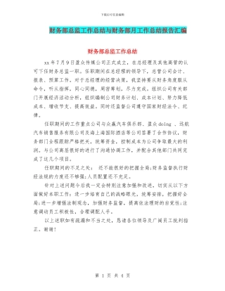 财务部总监工作总结与财务部月工作总结报告汇编