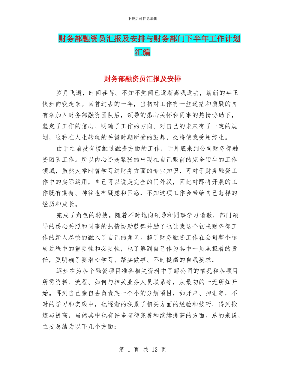 财务部融资员汇报及安排与财务部门下半年工作计划汇编_第1页