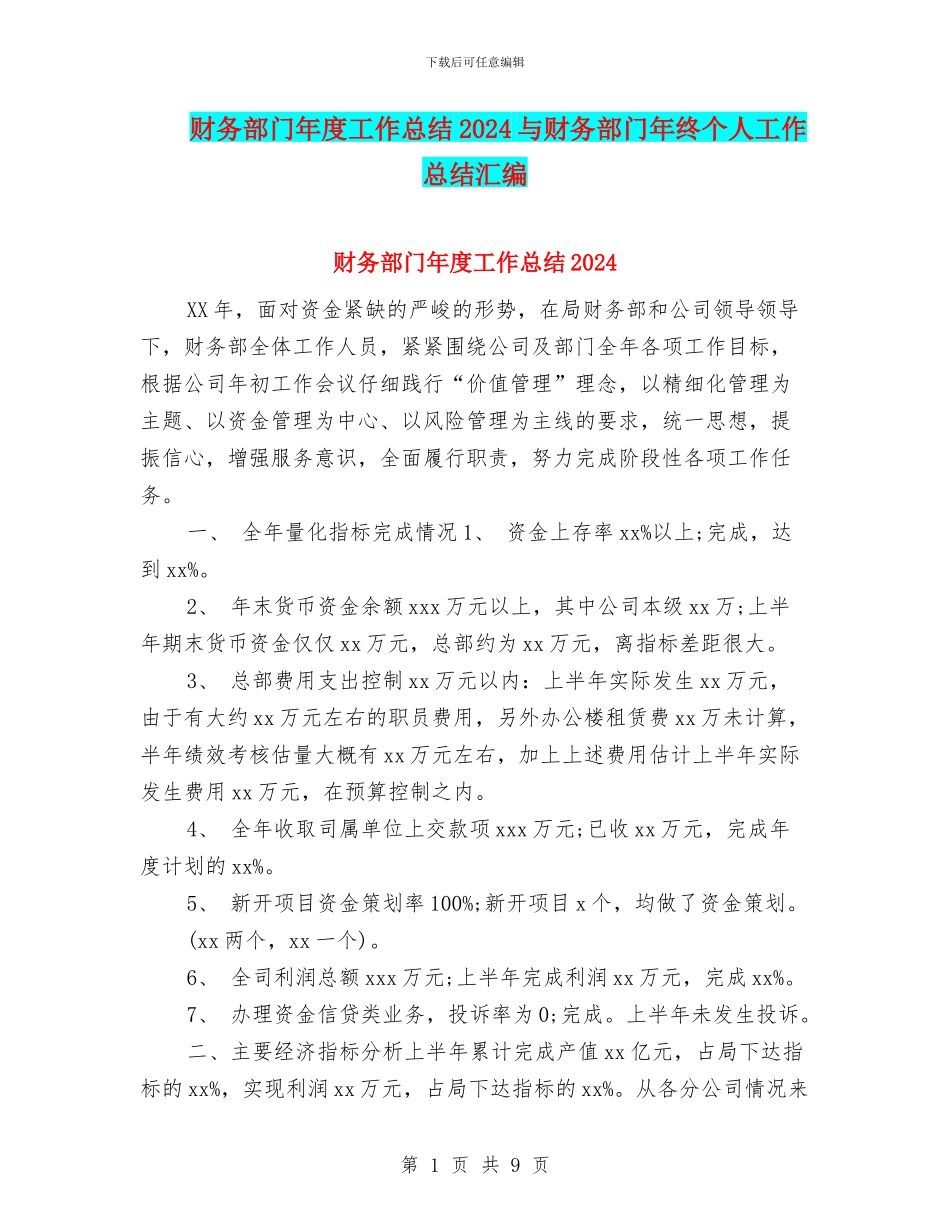 财务部门年度工作总结2024与财务部门年终个人工作总结汇编_第1页