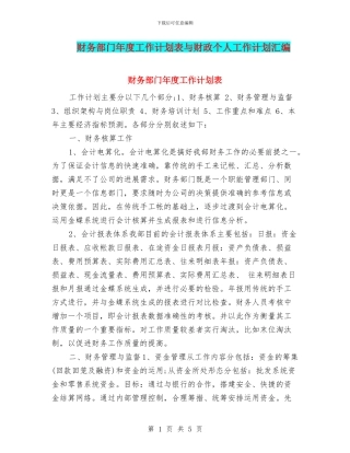 财务部门年度工作计划表与财政个人工作计划汇编