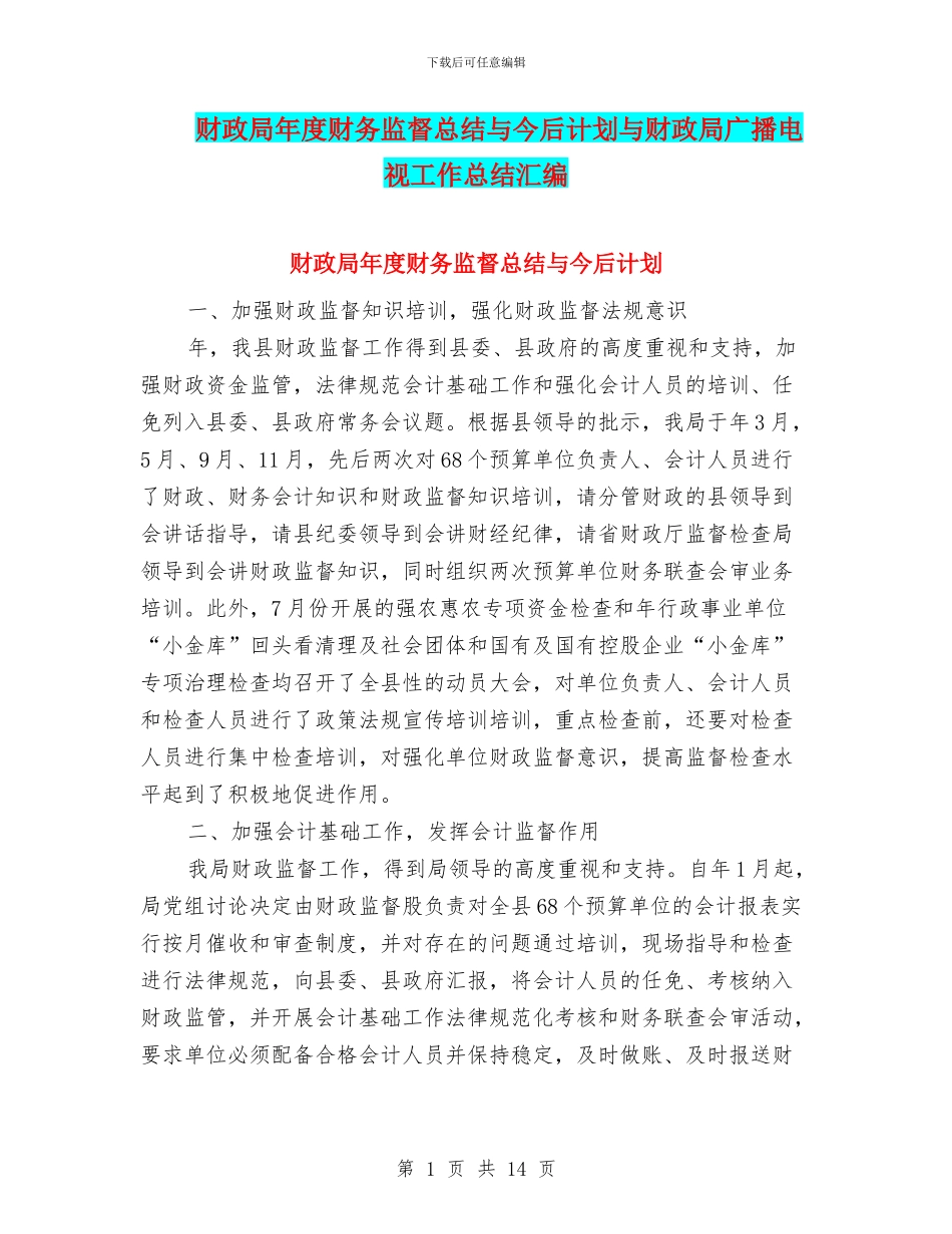 财政局年度财务监督总结与今后计划与财政局广播电视工作总结汇编_第1页