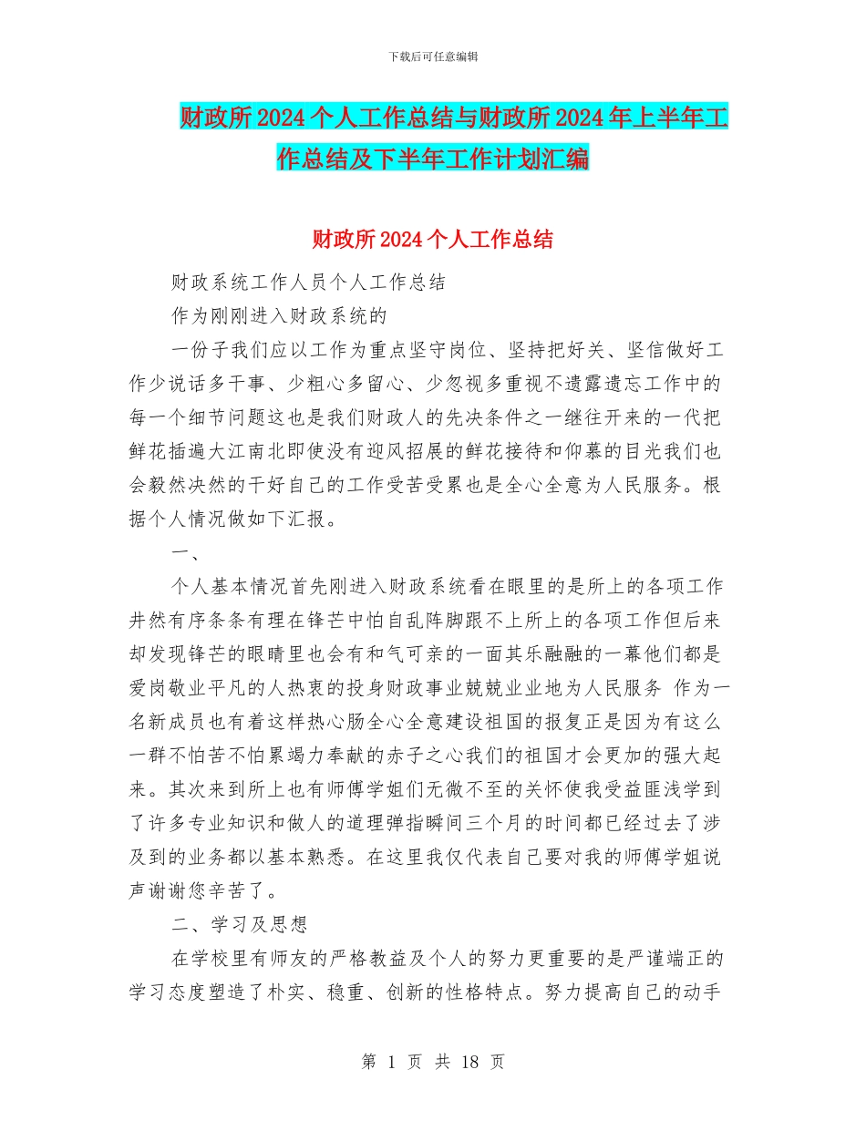 财政所2024个人工作总结与财政所2024年上半年工作总结及下半年工作计划汇编_第1页