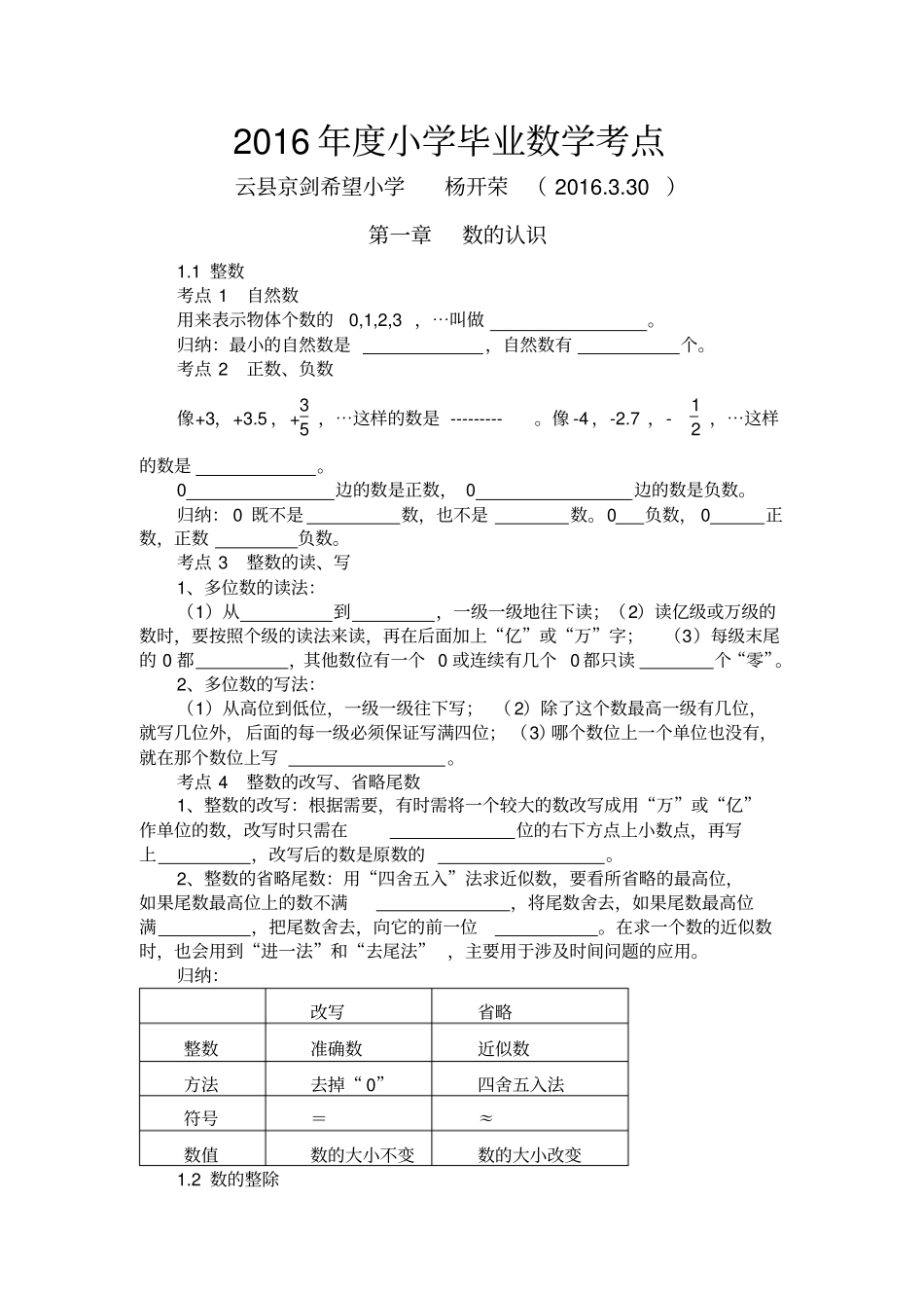 小学六年级毕业班数学考点_第1页