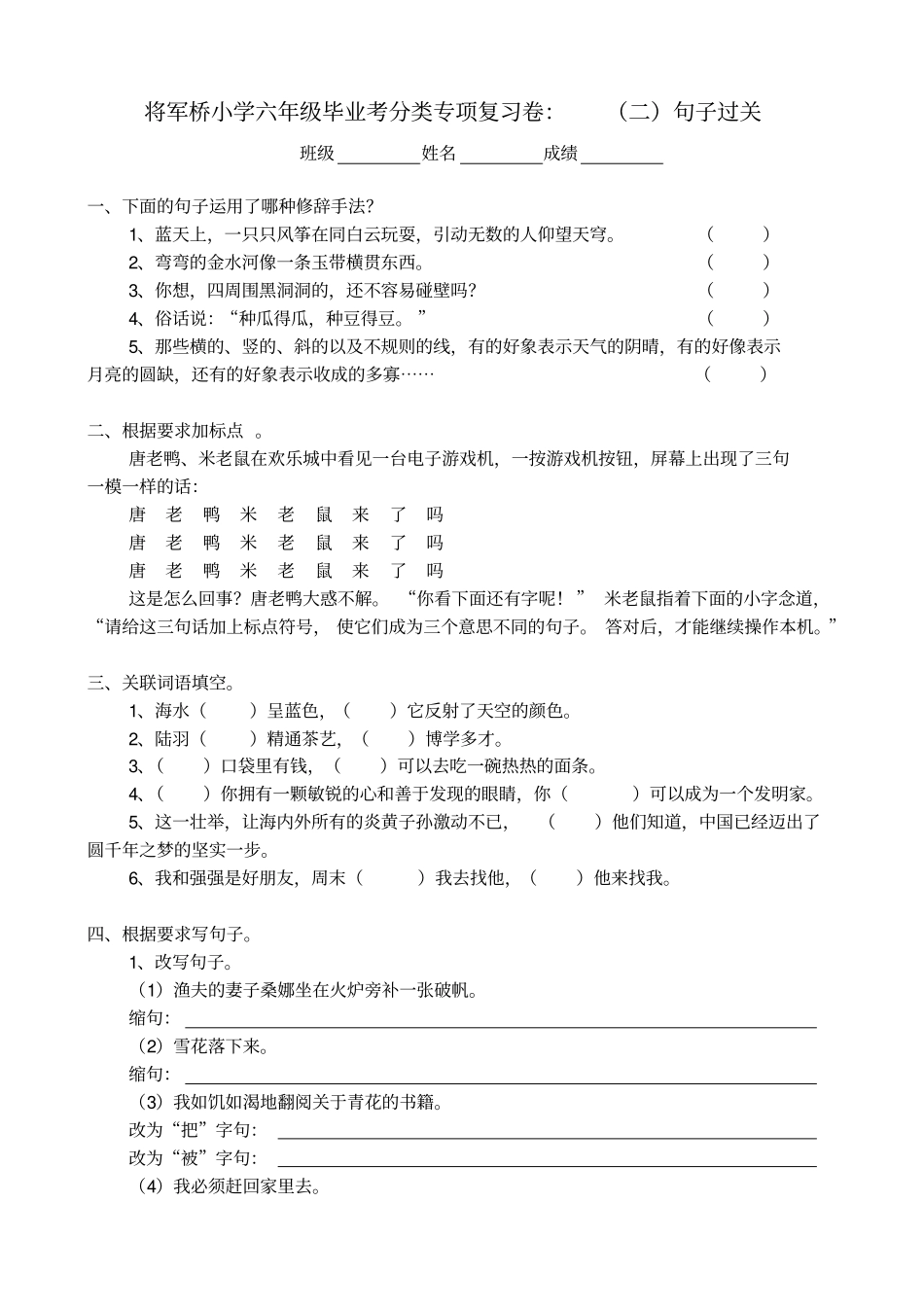 小学六年级毕业考分类专项复习卷句子过关_第1页