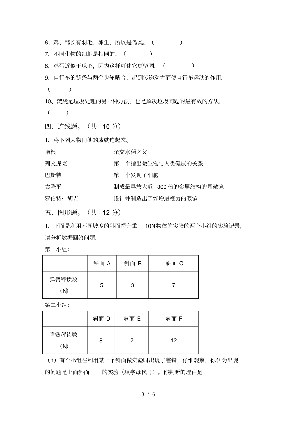 小学六年级科学上册期末考试卷一_第3页