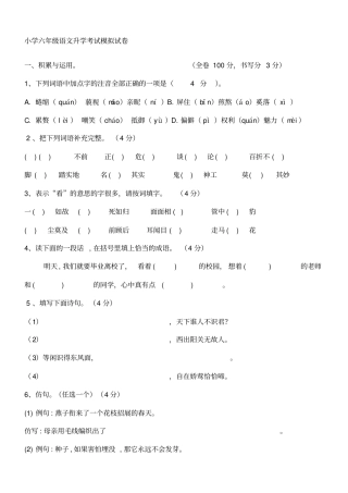 小学六年级语文升学考试模拟试卷