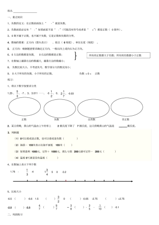 小学六年级负数知识点及其练习