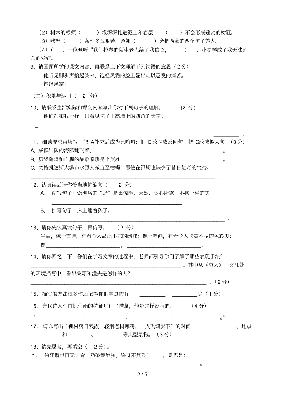 小学六级语文期末测试卷_第2页