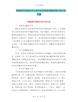 财政资产经营公司工作计划与财政预算治理工作计划汇编
