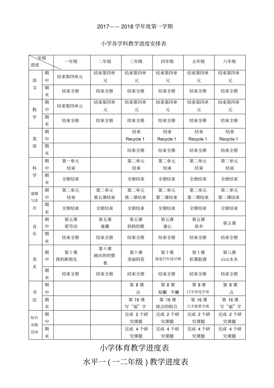 小学各学科教学进度安排表_第1页