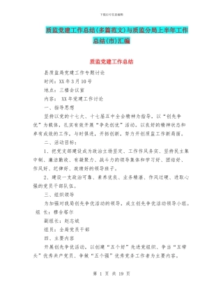 质监党建工作总结与质监分局上半年工作总结(市)汇编