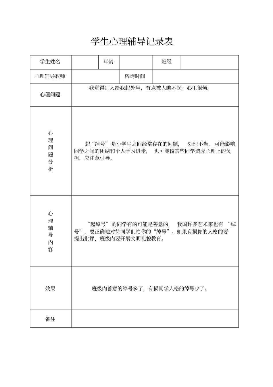 小学心理咨询心理疏导记录表_第1页