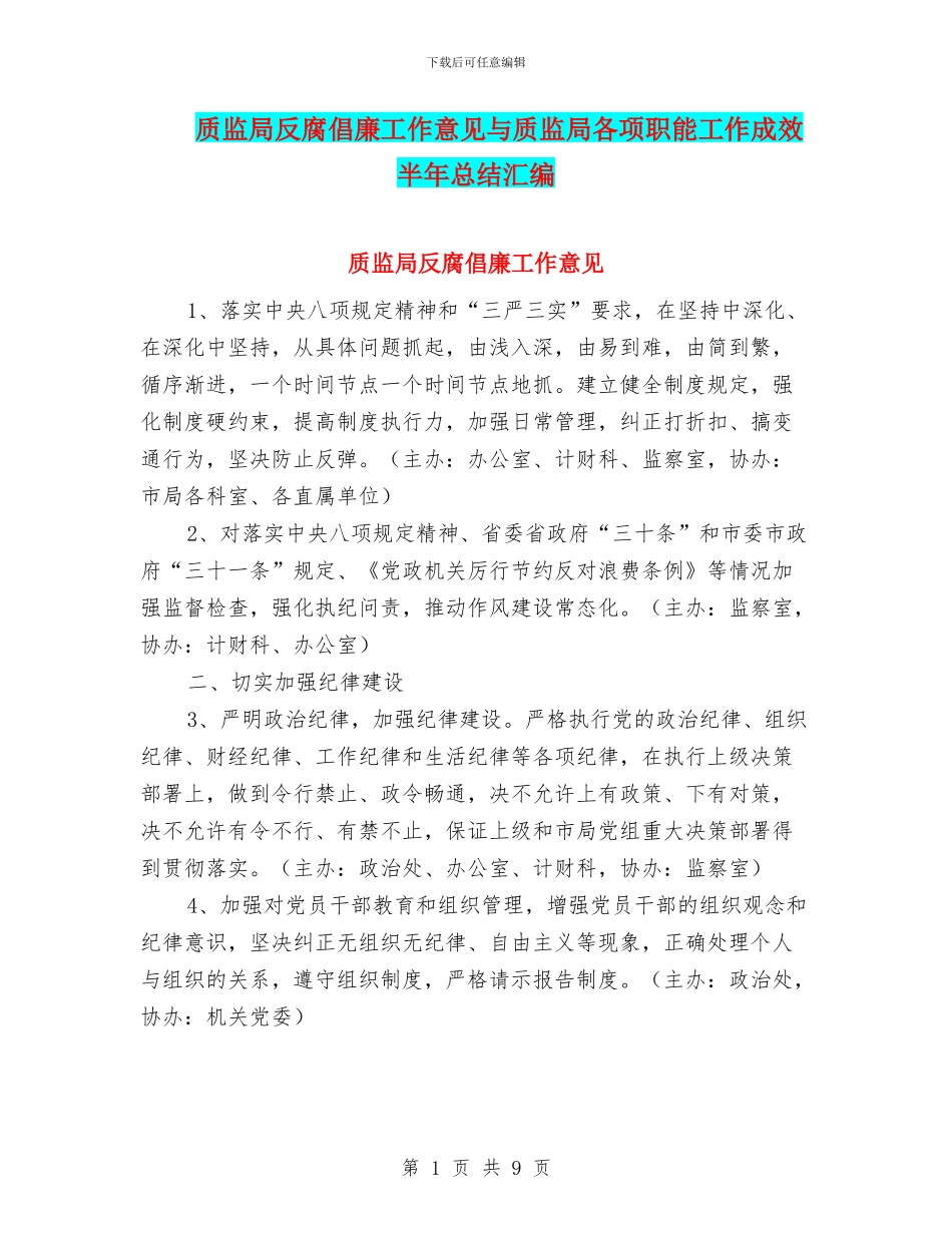 质监局反腐倡廉工作意见与质监局各项职能工作成效半年总结汇编_第1页