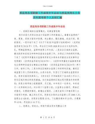 质监局各项职能工作成效半年总结与质监局局长公务员年度考核个人总结汇编