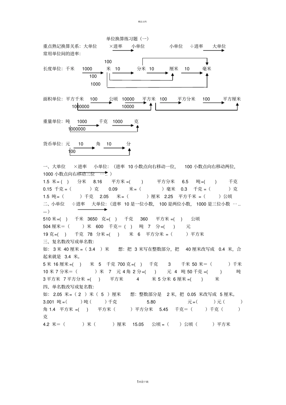 小学数学单位换算表及专题训练_第1页