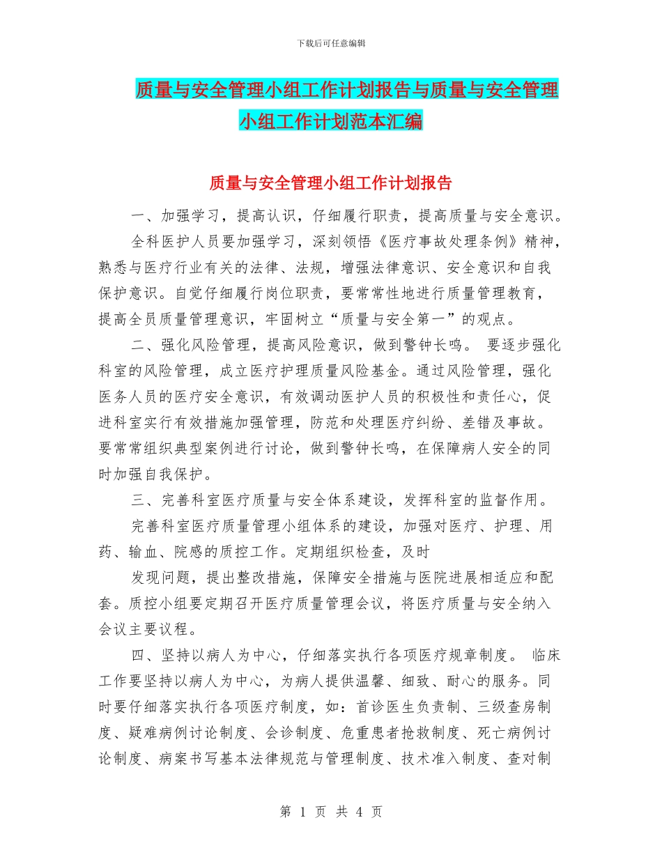 质量与安全管理小组工作计划报告与质量与安全管理小组工作计划范本汇编_第1页