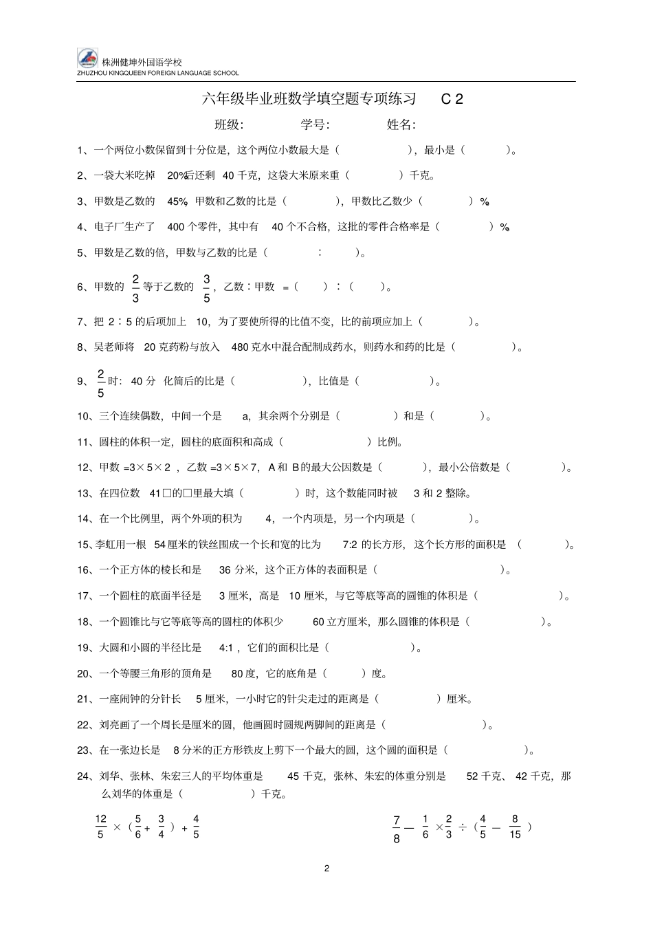 小学数学毕业填空题专项复习资料_第2页